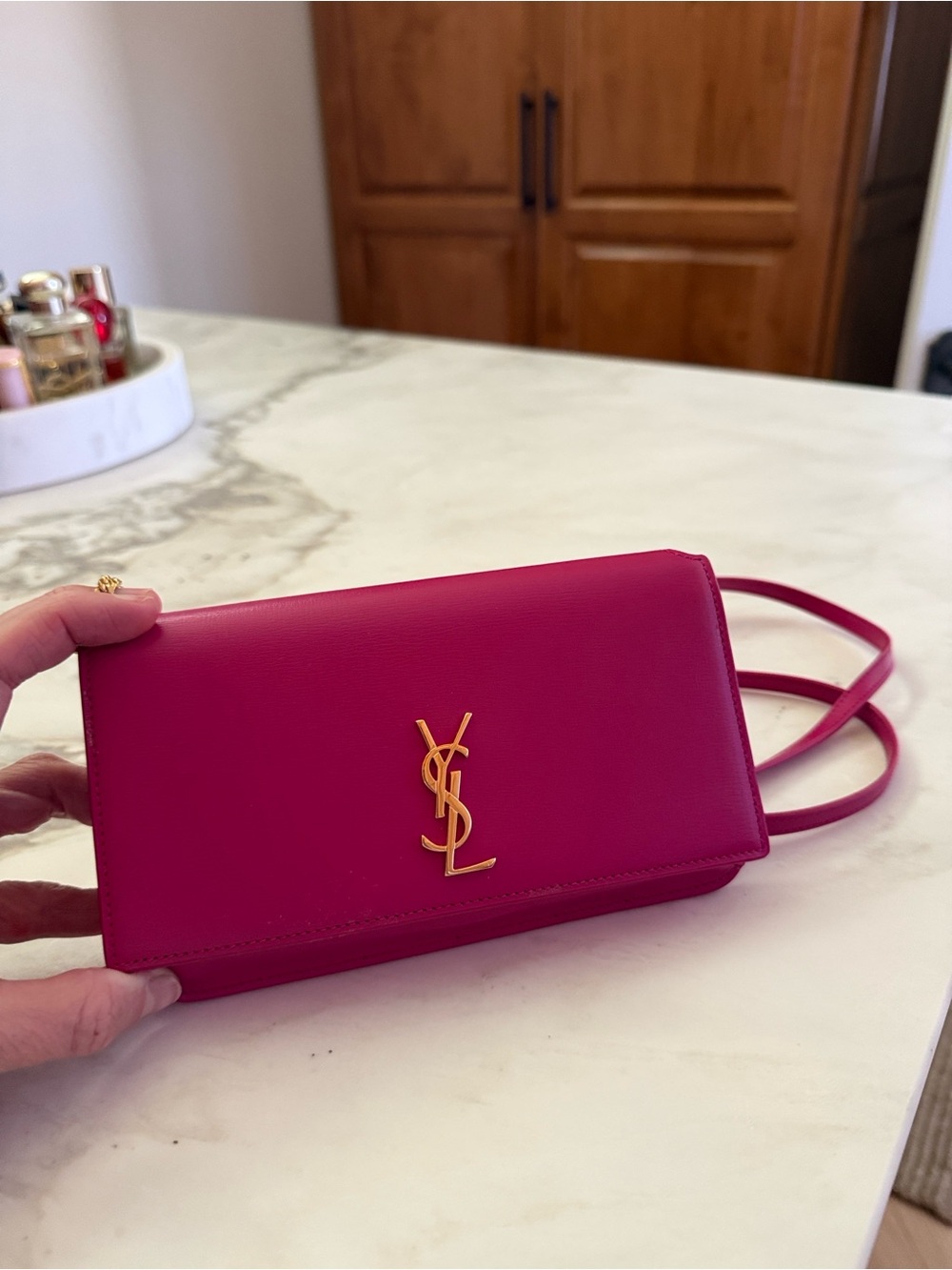 Saint Laurent Hot Pink Leather Crossbody with Gold YSL Logo